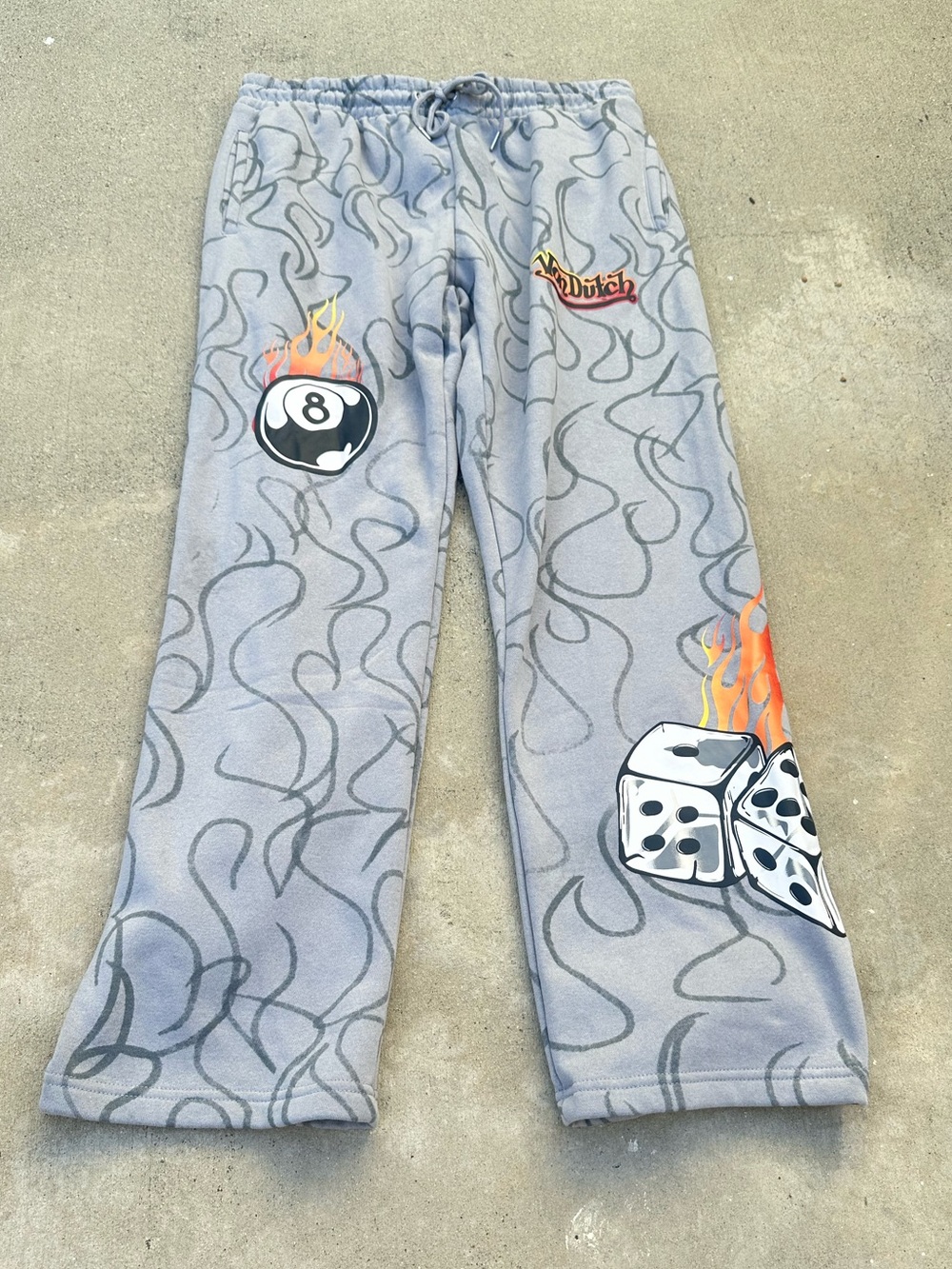 Von Dutch Sweatpants Flame 8-Ball Dice Graphic Baggy Joggers Y2K Men’s NWT~L